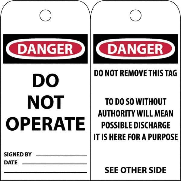 NMC - 3" High x 6" Long, DANGER \x96 DO NOT OPERATE, English Safety & Facility Accident Prevention Tag - Tag Header: Danger, 2 Sides, White Poly - All Tool & Supply