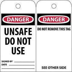 NMC - 3" High x 6" Long, DANGER \x96 UNSAFE DO NOT USE, English Safety & Facility Accident Prevention Tag - Tag Header: Danger, 2 Sides, White Poly - All Tool & Supply