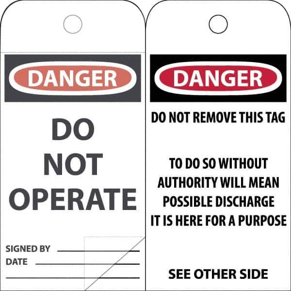 NMC - 3" High x 6" Long, DANGER \x96 DO NOT OPERATE, English Safety & Facility Accident Prevention Tag - Tag Header: Danger, 2 Sides, White Poly - All Tool & Supply