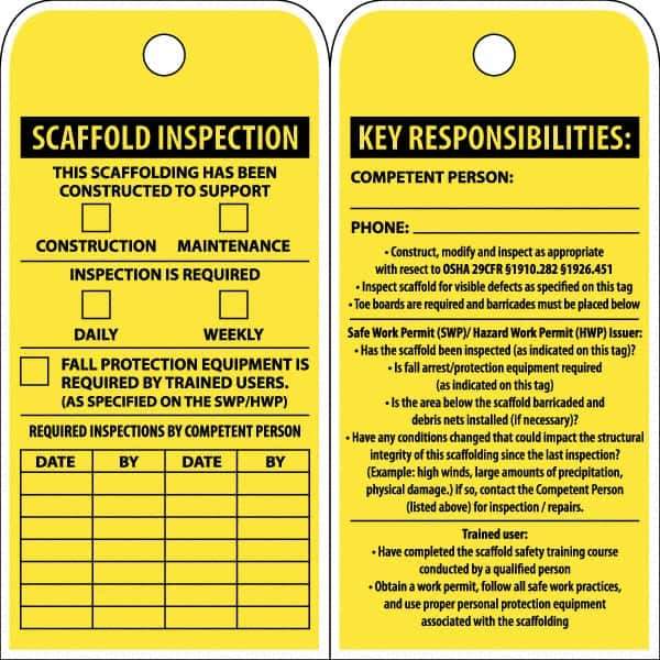 NMC - 3" High x 6" Long, SCAFFOLD INSPECTION, English Safety & Facility Inspection Tag - Tag Header: Notice, 2 Sides, Yellow Poly - All Tool & Supply