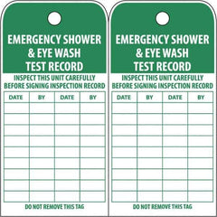 NMC - 3" High x 6" Long, EMERGENCY SHOWER & EYE WASH TEST RECORD, English Safety & Facility Accident Prevention Tag - Tag Header: Danger, 2 Sides, White Poly - All Tool & Supply