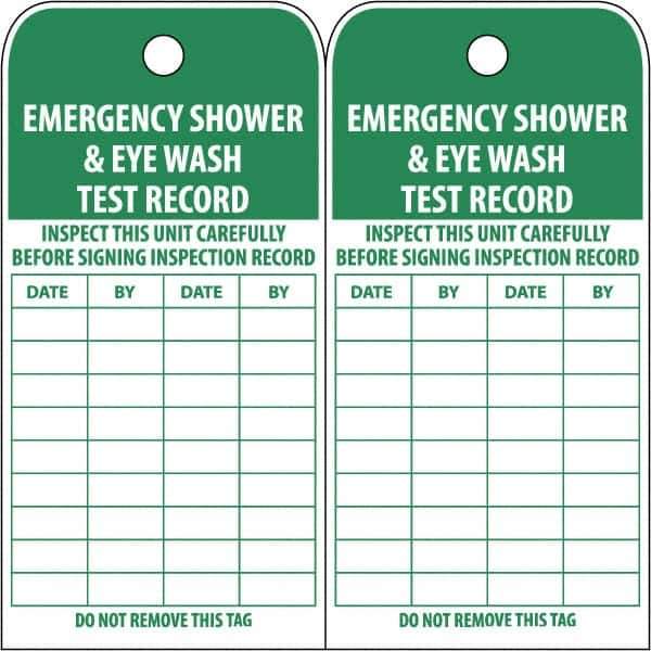 NMC - 3" High x 6" Long, EMERGENCY SHOWER & EYE WASH TEST RECORD, English Safety & Facility Accident Prevention Tag - Tag Header: Danger, 2 Sides, White Poly - All Tool & Supply