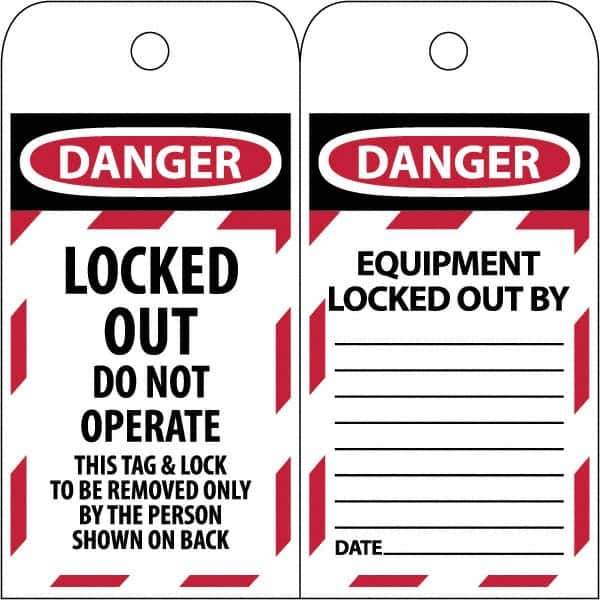 NMC - 3" High x 6" Long, LOCKED OUT - DO NOT OPERATE, English Safety & Facility Lockout Tag - Tag Header: Danger, 2 Sides, Black & Red Poly - All Tool & Supply