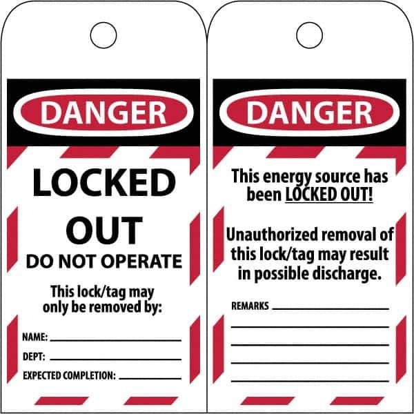 NMC - 3" High x 6" Long, LOCKED OUT - DO NOT OPERATE, English Safety & Facility Lockout Tag - Tag Header: Danger, 2 Sides, Black & Red Poly - All Tool & Supply