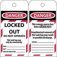 NMC - 3" High x 6" Long, LOCKED OUT - DO NOT OPERATE, English Safety & Facility Lockout Tag - Tag Header: Danger, 2 Sides, Black & Red Poly - All Tool & Supply