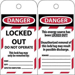 NMC - 3" High x 6" Long, LOCKED OUT - DO NOT OPERATE, English Safety & Facility Lockout Tag - Tag Header: Danger, 2 Sides, Black & Red Poly - All Tool & Supply