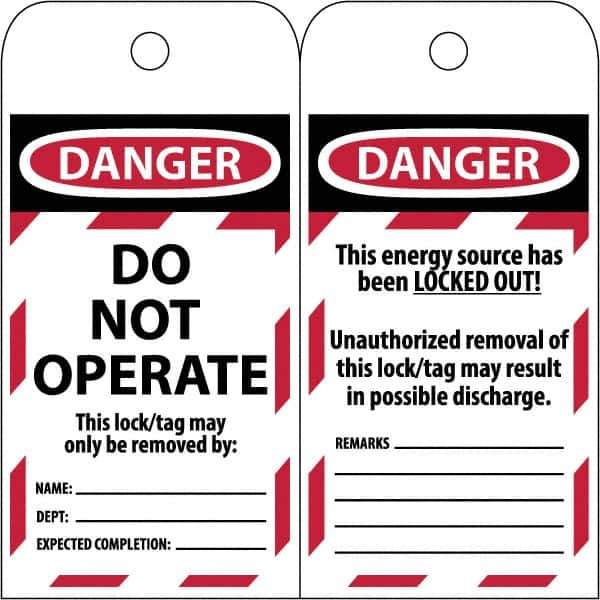 NMC - 3" High x 6" Long, LOCKED OUT - DO NOT OPERATE, English Safety & Facility Lockout Tag - Tag Header: Danger, 2 Sides, Black & Red Poly - All Tool & Supply