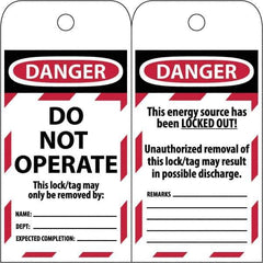 NMC - 3" High x 6" Long, LOCKED OUT - DO NOT OPERATE, English Safety & Facility Lockout Tag - Tag Header: Danger, 2 Sides, Black & Red Poly - All Tool & Supply