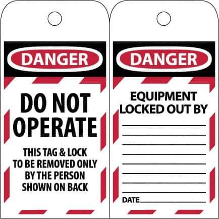 NMC - 3" High x 6" Long, DANGER - DO NOT OPERATE - EQUIPMENT LOCK-OUT - THIS TAG & LOCK TO BE REMOVED ONLY BY THE PERSON SHOWN ON BACK, English Safety & Facility Lockout Tag - Tag Header: Danger, 2 Sides, Black & Red Poly - All Tool & Supply