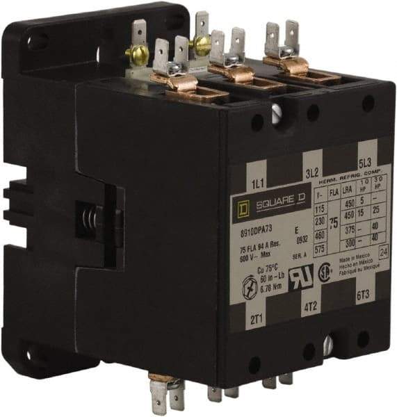 Square D - 3 Pole, 75 Amp Inductive Load, 24 Coil VAC at 50/60 Hz, Definite Purpose Contactor - Phase 1 and Phase 3 Hp:  15 at 230 VAC, 25 at 230 VAC, 40 at 460 VAC, 40 at 575 VAC, 5 at 115 VAC, 94 Amp Resistive Rating, CE, CSA, UL Listed - All Tool & Supply