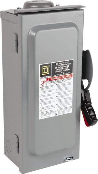 Square D - 60 Amp, 240 VAC, 250 VDC, 3 Pole Fused Safety Switch - NEMA 3R, 10 hp at 240 VAC, 10 hp at 250 VDC (Single Phase), 15 hp at 240 VAC, 10 hp at 250 VDC (Triple Phase), 3PST Contact Form - All Tool & Supply