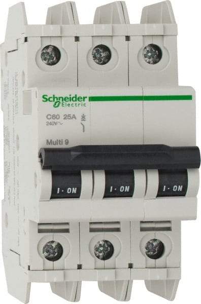 Schneider Electric - 25 Amp, 125 VDC, 240 VAC, 60 VDC, 3 Pole, DIN Rail Mount, Fixed Mount Miniature Circuit Breaker - Thermal Magnetic Trip, Multiple Breaking Capacity Ratings, 73mm Deep x 107mm High x 54mm Wide - All Tool & Supply