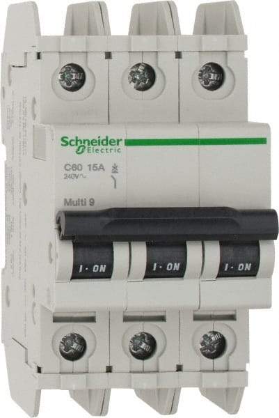 Schneider Electric - 15 Amp, 125 VDC, 240 VAC, 60 VDC, 3 Pole, DIN Rail Mount, Fixed Mount Miniature Circuit Breaker - Thermal Magnetic Trip, Multiple Breaking Capacity Ratings, 73mm Deep x 107mm High x 54mm Wide - All Tool & Supply