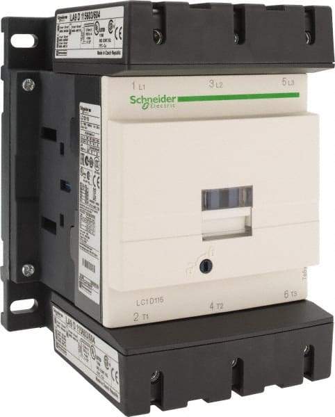 Schneider Electric - 3 Pole, 220 Coil VAC at 50/60 Hz, 115 Amp at 440 VAC, Nonreversible IEC Contactor - Bureau Veritas, CCC, CSA, CSA C22.2 No. 14, DNV, EN/IEC 60947-4-1, EN/IEC 60947-5-1, GL, GOST, LROS, RINA, RoHS Compliant, UL 508, UL Listed - All Tool & Supply