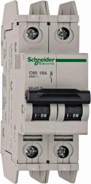 Schneider Electric - 15 Amp, 125 VDC, 240 VAC, 60 VDC, 1 Pole, DIN Rail Mount, Fixed Mount Miniature Circuit Breaker - Thermal Magnetic Trip, Multiple Breaking Capacity Ratings, 73mm Deep x 107mm High x 36mm Wide - All Tool & Supply