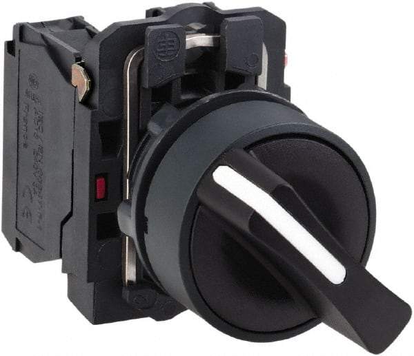 Schneider Electric - 22mm Mount Hole, 3 Position, Handle Operated, Selector Switch with Contact Blocks - Black, Maintained (MA), 2NO, Shock, Vibration and Water Resistant - All Tool & Supply