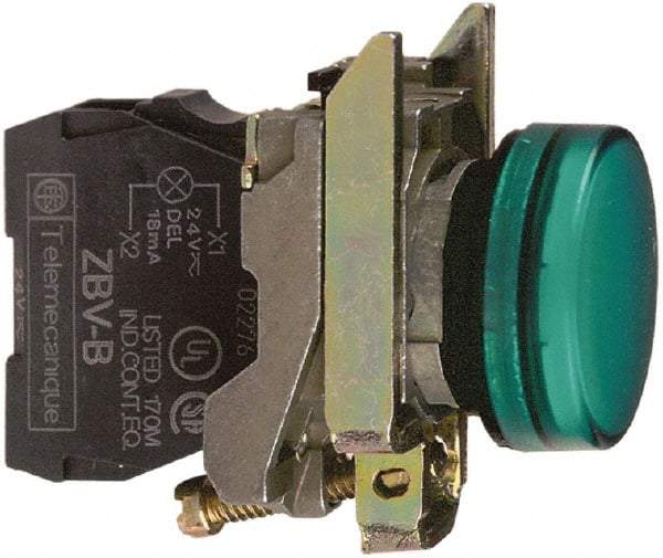 Schneider Electric - 230-240 VAC at 50/60 Hz Green Lens LED Pilot Light - Round Lens, Screw Clamp Connector, 30mm Wide, Vibration Resistant, Water Resistant - All Tool & Supply