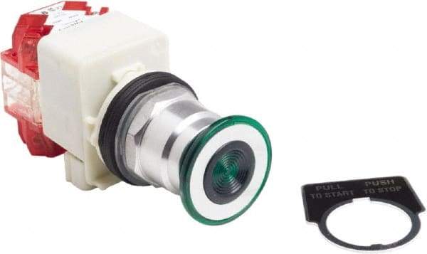 Schneider Electric - 30mm Mount Hole, Extended Straight, Pushbutton Switch with Contact Block - Green Pushbutton, Maintained (MA), Momentary (MO) - All Tool & Supply