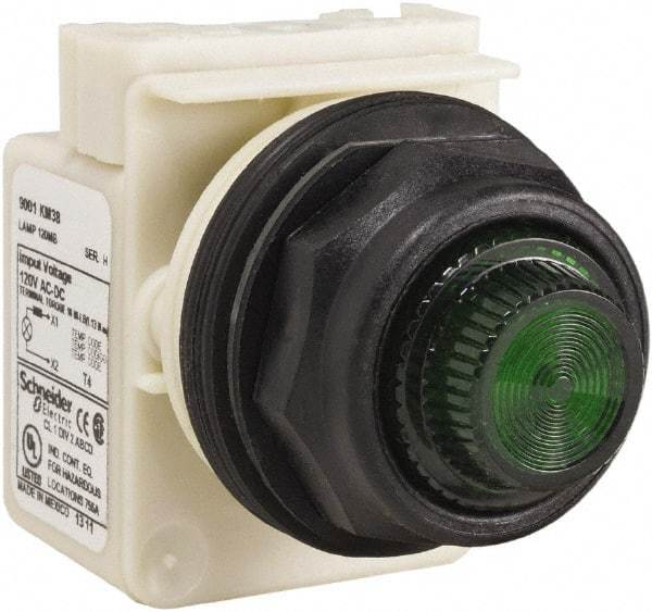 Schneider Electric - 120 V Green Lens Indicating Light - Round Lens, Screw Clamp Connector, Corrosion Resistant, Dust Resistant, Oil Resistant - All Tool & Supply