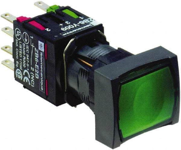 Schneider Electric - 16mm Mount Hole, Flush, Pushbutton Switch with Contact Block - Rectangle, Green Pushbutton, Illuminated, Momentary (MO) - All Tool & Supply