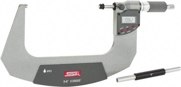 SPI - 5 to 6" Range, 0.00005" Resolution, Double Ratchet IP65 Electronic Outside Micrometer - 0.0002" Accuracy, Ratchet-Friction Thimble, Carbide Face, CR2032 Battery, Includes NIST Traceable Certification of Inspection - All Tool & Supply