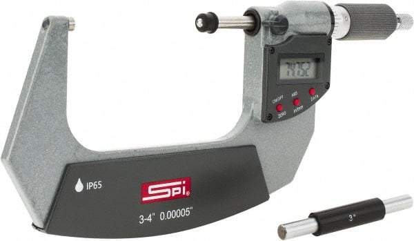 SPI - 3 to 4" Range, 0.00005" Resolution, Double Ratchet IP65 Electronic Outside Micrometer - 0.0002" Accuracy, Ratchet-Friction Thimble, Carbide Face, CR2032 Battery, Includes NIST Traceable Certification of Inspection - All Tool & Supply