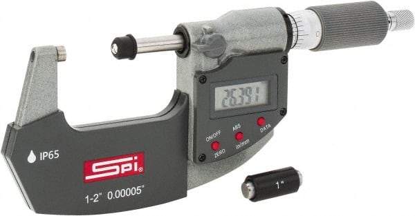 SPI - 1 to 2" Range, 0.00005" Resolution, Double Ratchet IP65 Electronic Outside Micrometer - 0.0002" Accuracy, Ratchet-Friction Thimble, Carbide Face, CR2032 Battery, Includes NIST Traceable Certification of Inspection - All Tool & Supply