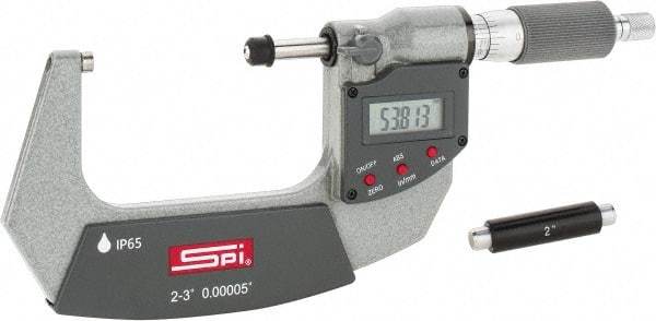 SPI - 2 to 3" Range, 0.00005" Resolution, Double Ratchet IP65 Electronic Outside Micrometer - 0.0002" Accuracy, Ratchet-Friction Thimble, Carbide Face, CR2032 Battery, Includes NIST Traceable Certification of Inspection - All Tool & Supply