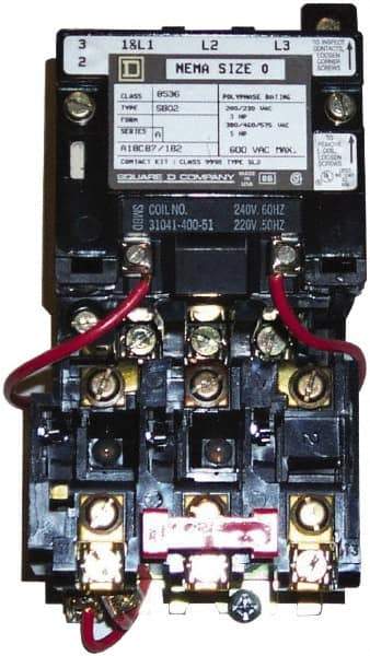 Square D - 220 Coil VAC at 50 Hz, 240 Coil VAC at 60 Hz, 18 Amp, Nonreversible Open Enclosure NEMA Motor Starter - 3 Phase hp: 3 at 200 VAC, 3 at 230 VAC, 5 at 460 VAC, 5 at 575 VAC - All Tool & Supply