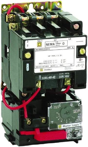 Square D - 110 Coil VAC at 50 Hz, 120 Coil VAC at 60 Hz, 9 Amp, Nonreversible Open Enclosure NEMA Motor Starter - 3 Phase hp: 1-1/2 at 200 VAC, 1-1/2 at 230 VAC, 2 at 460 VAC, 2 at 575 VAC - All Tool & Supply