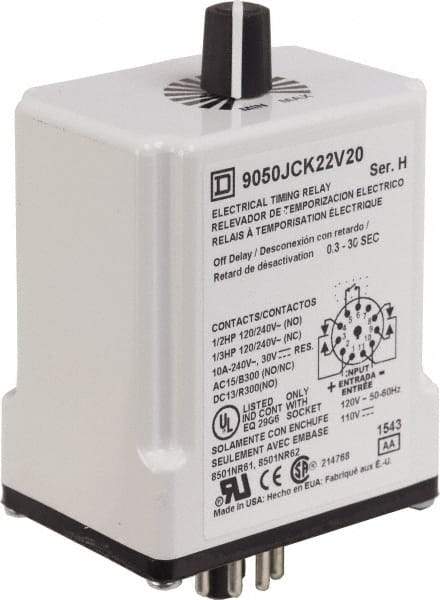 Square D - DPDT Time Delay Relay - 10 Contact Amp, 110 VDC & 120 VAC - All Tool & Supply