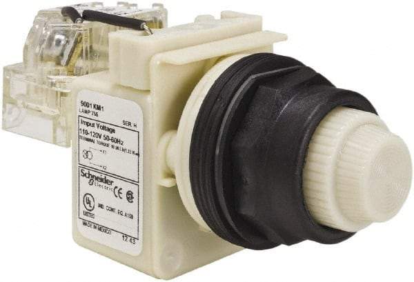 Schneider Electric - 110 VAC at 50/60 Hz via Transformer, 120 VAC at 50/60 Hz via Transformer White Lens Press-to-Test Indicating Light - Round Lens, Screw Clamp Connector, Corrosion Resistant, Dust Resistant, Oil Resistant - All Tool & Supply