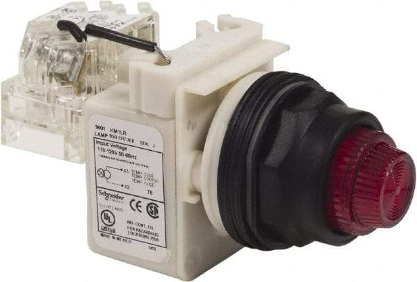 Schneider Electric - 120 VAC Red Lens LED Pilot Light - Round Lens, Screw Clamp Connector, 54mm OAL x 42mm Wide, Vibration Resistant - All Tool & Supply