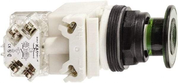 Schneider Electric - 30mm Mount Hole, Extended Straight, Pushbutton Switch with Contact Block - Green Pushbutton, Maintained (MA) - All Tool & Supply