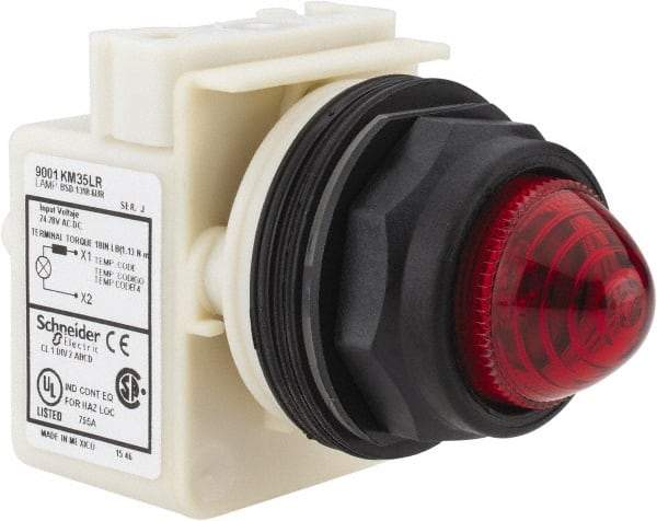 Schneider Electric - 24 VAC/DC Red Lens LED Pilot Light - Round Lens, Screw Clamp Connector, 54mm OAL x 42mm Wide, Vibration Resistant - All Tool & Supply