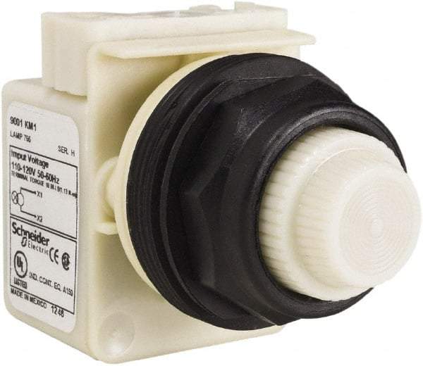 Schneider Electric - 110 VAC at 50/60 Hz via Transformer, 120 VAC at 50/60 Hz via Transformer White Lens Indicating Light - Round Lens, Screw Clamp Connector, Corrosion Resistant, Dust Resistant, Oil Resistant - All Tool & Supply