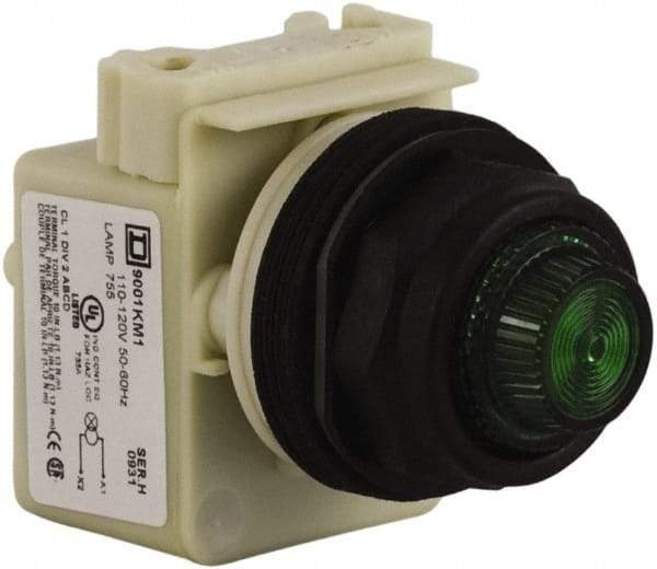 Schneider Electric - 110 VAC at 50/60 Hz via Transformer, 120 VAC at 50/60 Hz via Transformer Green Lens Indicating Light - Round Lens, Screw Clamp Connector, Corrosion Resistant, Dust Resistant, Oil Resistant - All Tool & Supply