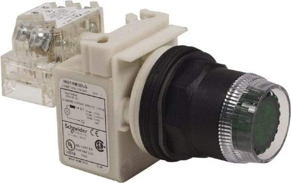 Schneider Electric - 30mm Mount Hole, Extended Straight, Pushbutton Switch with Contact Block - Green Pushbutton, Momentary (MO) - All Tool & Supply