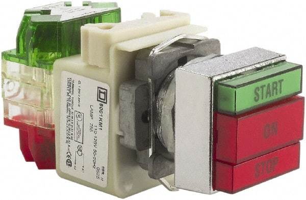 Schneider Electric - 30mm Mount Hole, Pushbutton Switch with Pilot Light - Rectangle, Green and Red Pushbutton, Illuminated, Momentary (MO), Start-On-Stop - All Tool & Supply