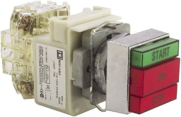 Schneider Electric - 30mm Mount Hole, Pushbutton Switch with Pilot Light - Rectangle, Green and Red Pushbutton, Illuminated, Momentary (MO), Start-On-Stop - All Tool & Supply