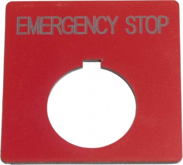 Schneider Electric - Square, Plastic Legend Plate - Emergency Stop - Red Background, Black Letters, 1.2 Inch Hole Diameter, 2-1/2 Inch Square - All Tool & Supply