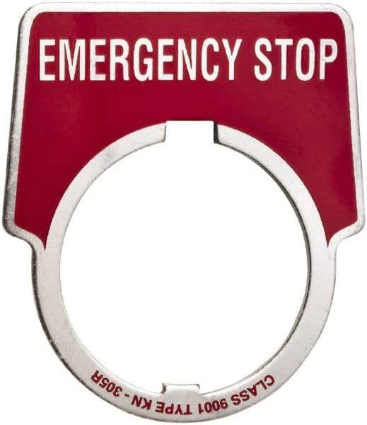 Schneider Electric - Aluminum Legend Plate - Emergency Stop - Black Background, 30mm Hole Diameter, 1-3/4 Inch Wide - All Tool & Supply