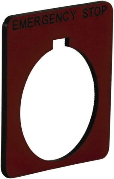 Schneider Electric - Square, Plastic Legend Plate - Emergency Stop - Red Background, Black Letters, 1.2 Inch Hole Diameter, 1-3/4 Inch Square - All Tool & Supply