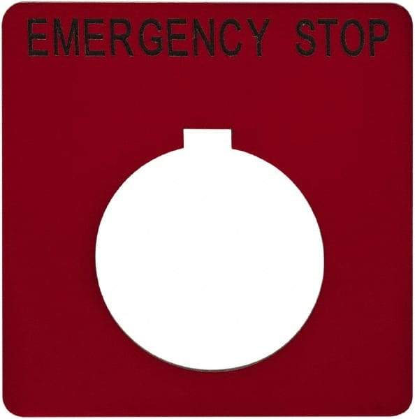 Schneider Electric - Square, Plastic Legend Plate - Emergency Stop - Red Background, Black Letters, 1.2 Inch Hole Diameter, 2-1/4 Inch Square - All Tool & Supply