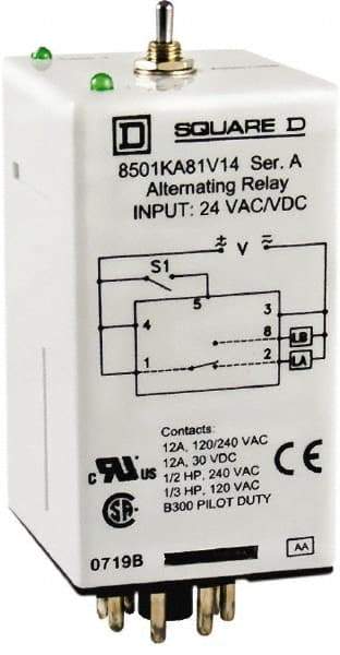 Square D - 11 Pins, 1/2 hp at 240 Volt & 1/3 hp at 120 Volt, Electromechanical Plug-in General Purpose Relay - 12 Amp at 240 VAC, DPDT, 240 VAC, 36mm Wide x 65mm High x 44mm Deep - All Tool & Supply