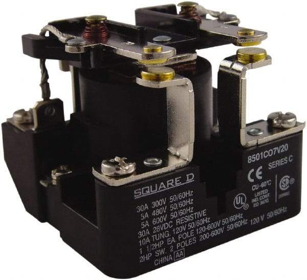 Square D - 1-1/2 hp, 10 VA Power Rating, Electromechanical Screw Clamp General Purpose Relay - 40 at 277 VAC & 5 at 600 V, DPST, 208 VAC at 60 Hz, 63.6mm Wide x 49.6mm High x 63.2mm Deep - All Tool & Supply