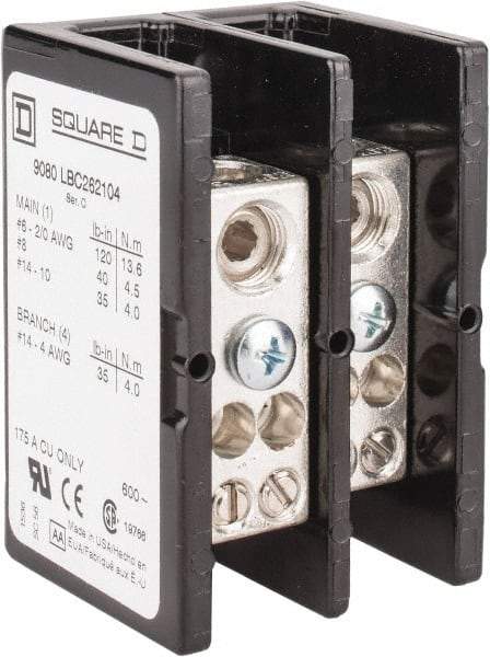 Square D - 2 Poles, 175 (Copper) Amp, Phenolic Power Distribution Block - 600 VAC, 1 Primary Connection - All Tool & Supply