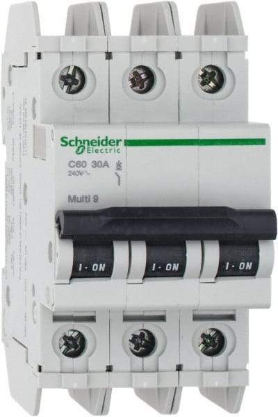 Schneider Electric - 30 Amp, 125 VDC, 240 VAC, 60 VDC, 3 Pole, DIN Rail Mount, Fixed Mount Miniature Circuit Breaker - Thermal Magnetic Trip, Multiple Breaking Capacity Ratings, 73mm Deep x 107mm High x 54mm Wide - All Tool & Supply