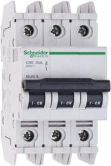 Schneider Electric - 30 Amp, 125 VDC, 240 VAC, 60 VDC, 3 Pole, DIN Rail Mount, Fixed Mount Miniature Circuit Breaker - Thermal Magnetic Trip, Multiple Breaking Capacity Ratings, 73mm Deep x 107mm High x 54mm Wide - All Tool & Supply