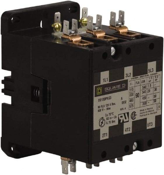 Square D - 3 Pole, 90 Amp Inductive Load, 277 Coil VAC at 60 Hz, Definite Purpose Contactor - Phase 1 and Phase 3 Hp:  20 at 230 VAC, 30 at 230 VAC, 50 at 460 VAC, 50 at 575 VAC, 7.5 at 115 VAC, 120 Amp Resistive Rating, CE, CSA, UL Listed - All Tool & Supply